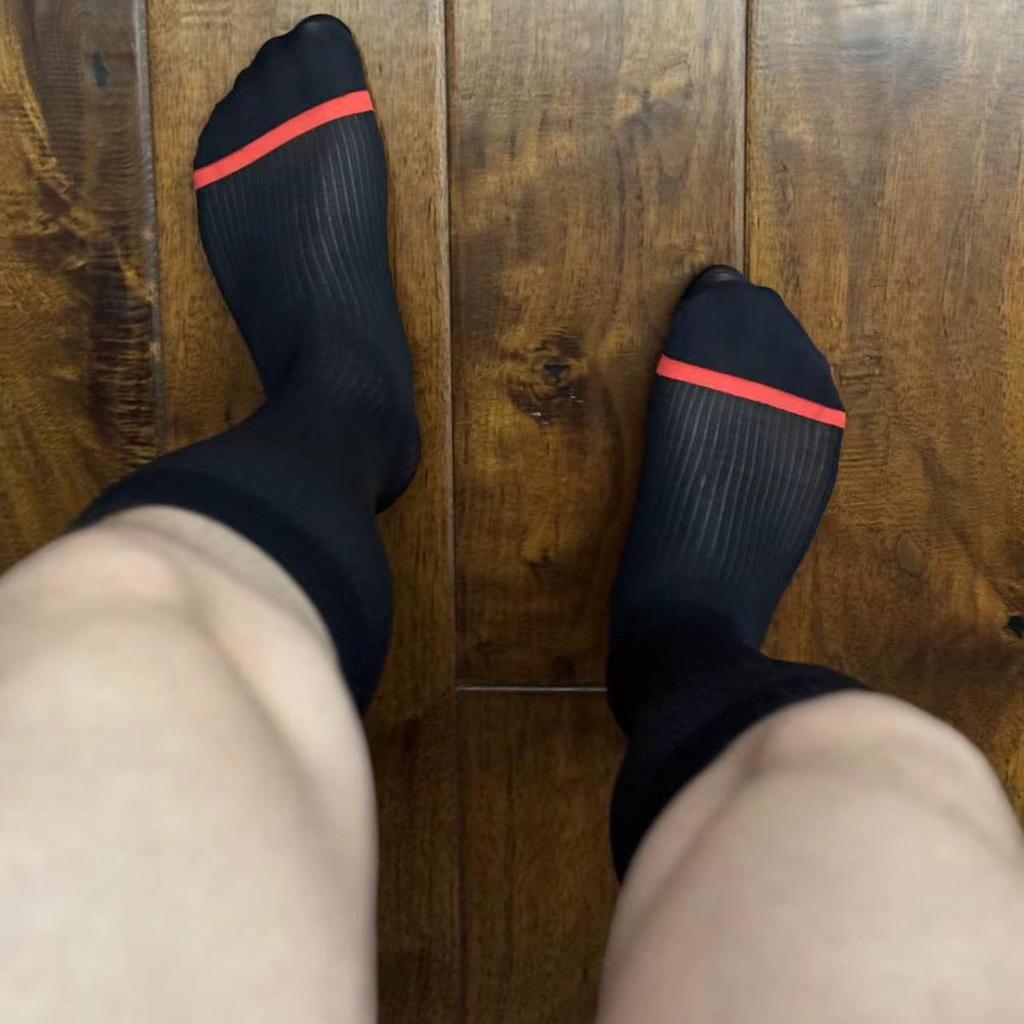 Zhou Men's Mid-Length Nylon Stockings with Red and Navy Stripes