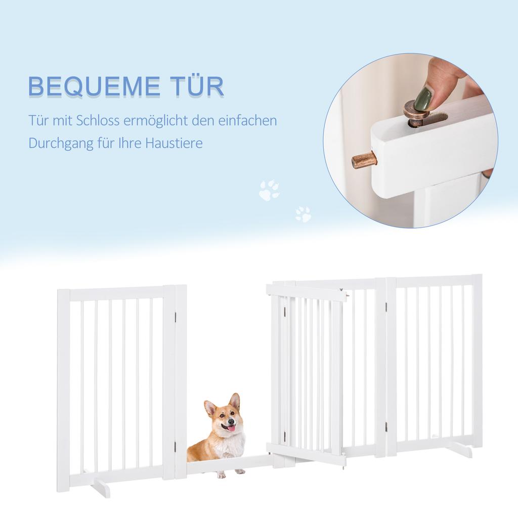 Freestanding Pet Gate 4 Panels Wooden Dog Safety Fence Foldable with Support Feet for Doorway Stairs 91cm Tall White