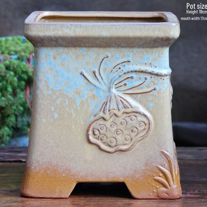 Handgefertigter unregelmäßiger quadratischer Keramik-Blumentopf für Sukkulenten - Pflanztopf mit großem Durchmesser für Mischbepflanzung