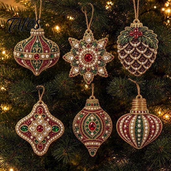 Festive Resin Rhinestone Ornaments 6 Pcs Christmas DIY Faux Pearl Painting Kit Ornaments, Art Seasonal Hanging Decor Tree Decoration with Jute