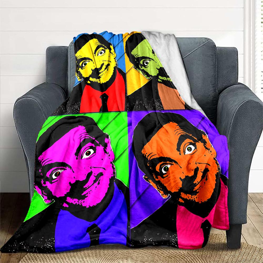 1pc Mr. Bean Pop Art Flannel Throw Blanket HD Printed Lightweight Soft Warm All Season Blanket for Sofa, Bed, Travel, Camping Machine Washable