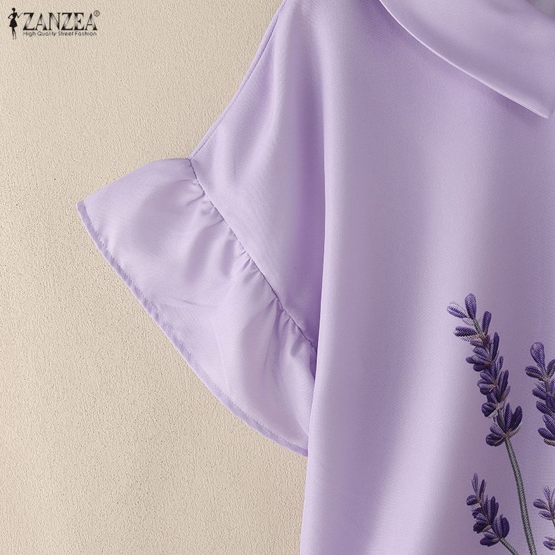 ZANZEA Women Floral Print Casual Turn Down Collar Looose Summer Short Sleeve Blouse