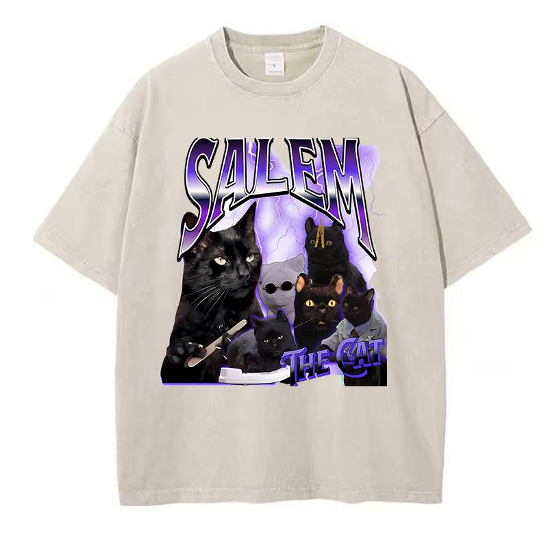 

T Shirt Vintage Washed Cotton T-Shirt Black Cat Graphic Tee Casual Streetwear Spring Summer Fall Top Tee 3XL