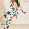 Women Plus Size Abstract Printed Two Piece Pants Set Round Neck Long Sleeve Longline Top Fitted Pants