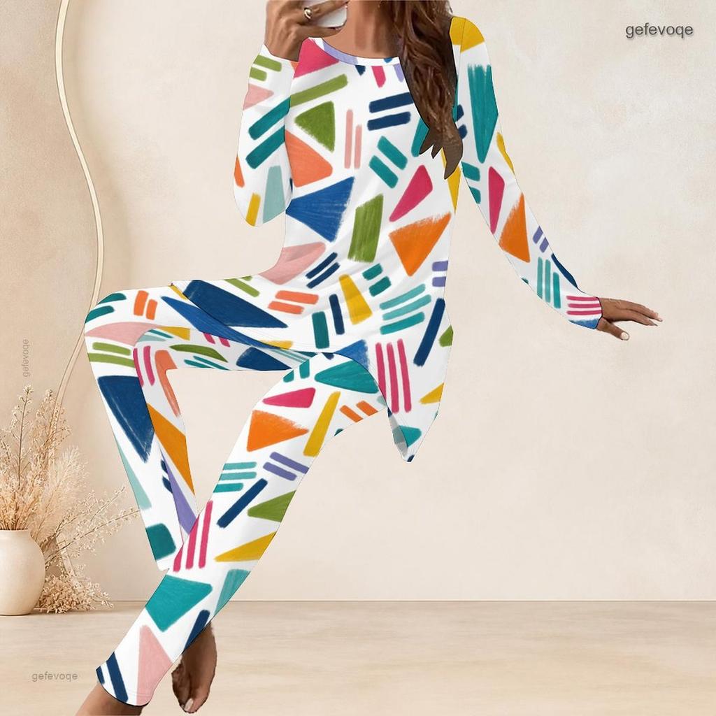 Women Plus Size Abstract Printed Two Piece Pants Set Round Neck Long Sleeve Longline Top Fitted Pants
