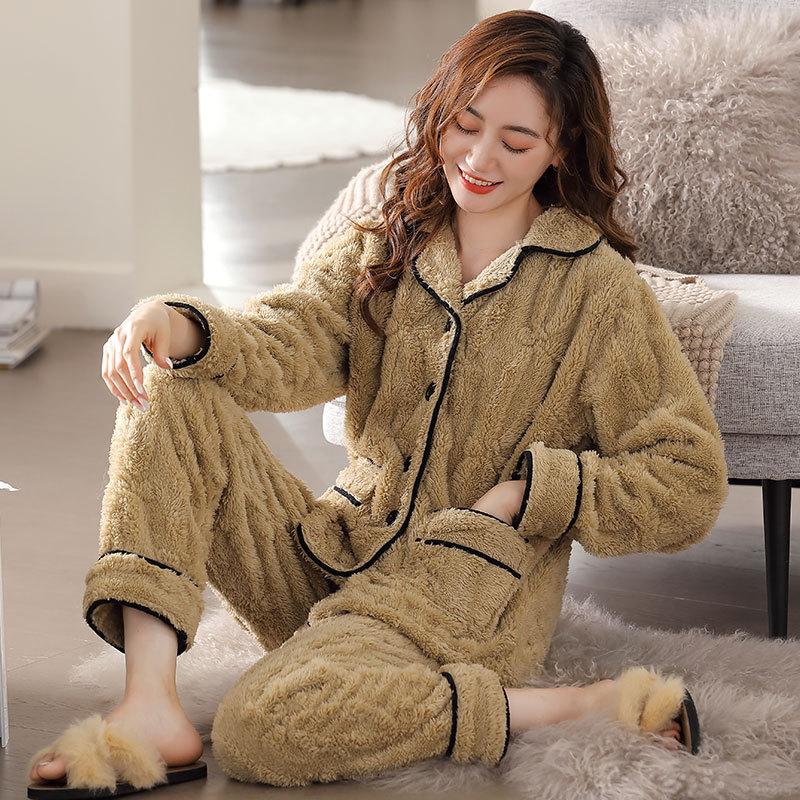 Pajamas Women'S Winter Coral Fleece Fleece Thickened Can Be Worn Outside Loungewear Autumn And Winter Flannel Winter Warm Suit