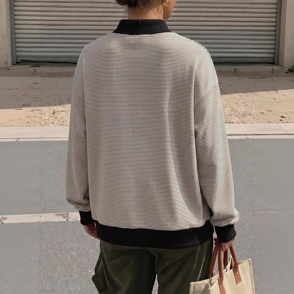 Women's Fashion Casual Striped Long Sleeve Neck Loose Fit Pullover Sweatshirt