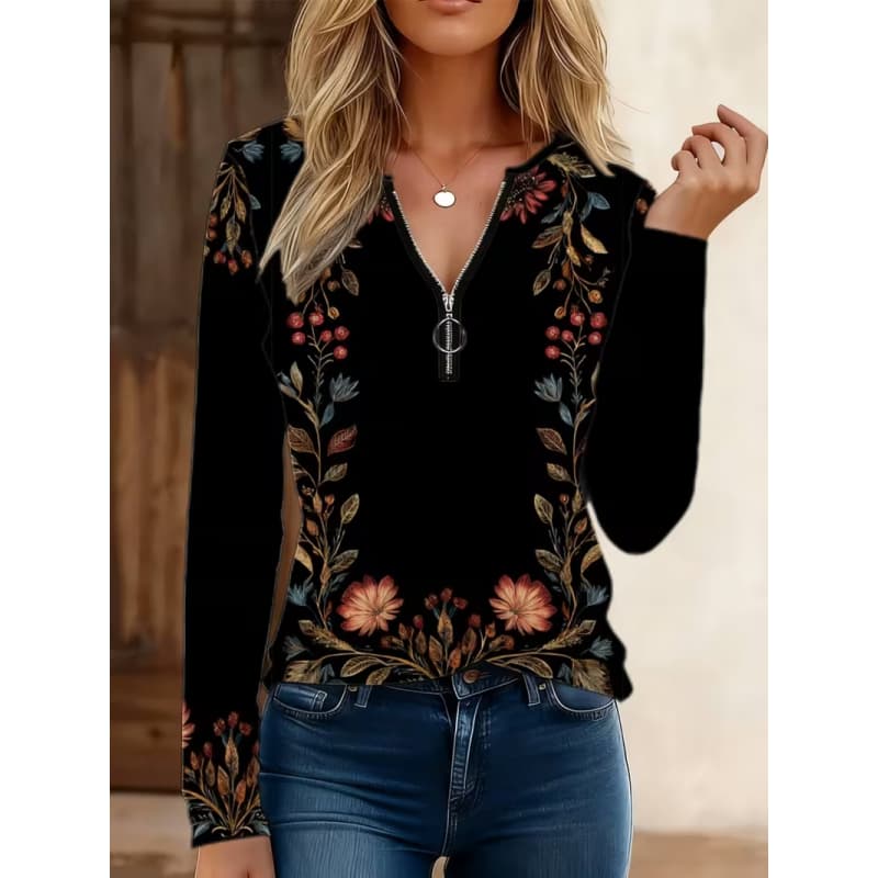 Women's Creative Printed Zipper Long-sleeved T-shirt, Breathable, Soft and Comfortable, Suitable for All-year-round Casual Wear