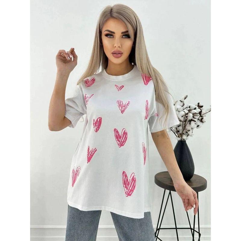 Fashion Printed Crew Neck Top Western Style Loose Casual Love Heart Print Cotton T-shirt Top