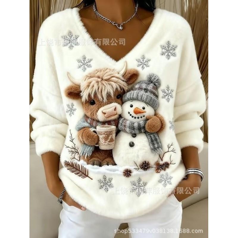 Womens V-Neck Long Sleeve Sweatshirt With 3D Digital Print Christmas Design Fall Winter Casual Hoodie
