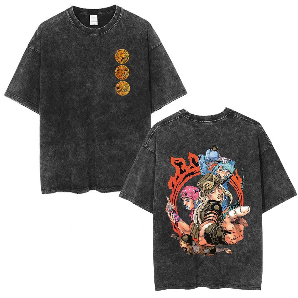 Anime JoJo Bizarre Adventure STEEL BALL RUN Gyro Zeppeli Vintage Lavaggio Acido Maglietta Uomo Cotone Casual Maniche Corte Maglietta