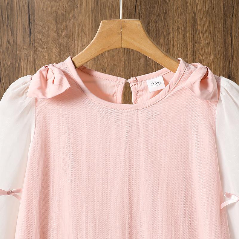 Girls Dress 2025 Autumn Long Sleeve Fashion Bow Sweet Mesh Skirt Princess Pink Dress for Children
