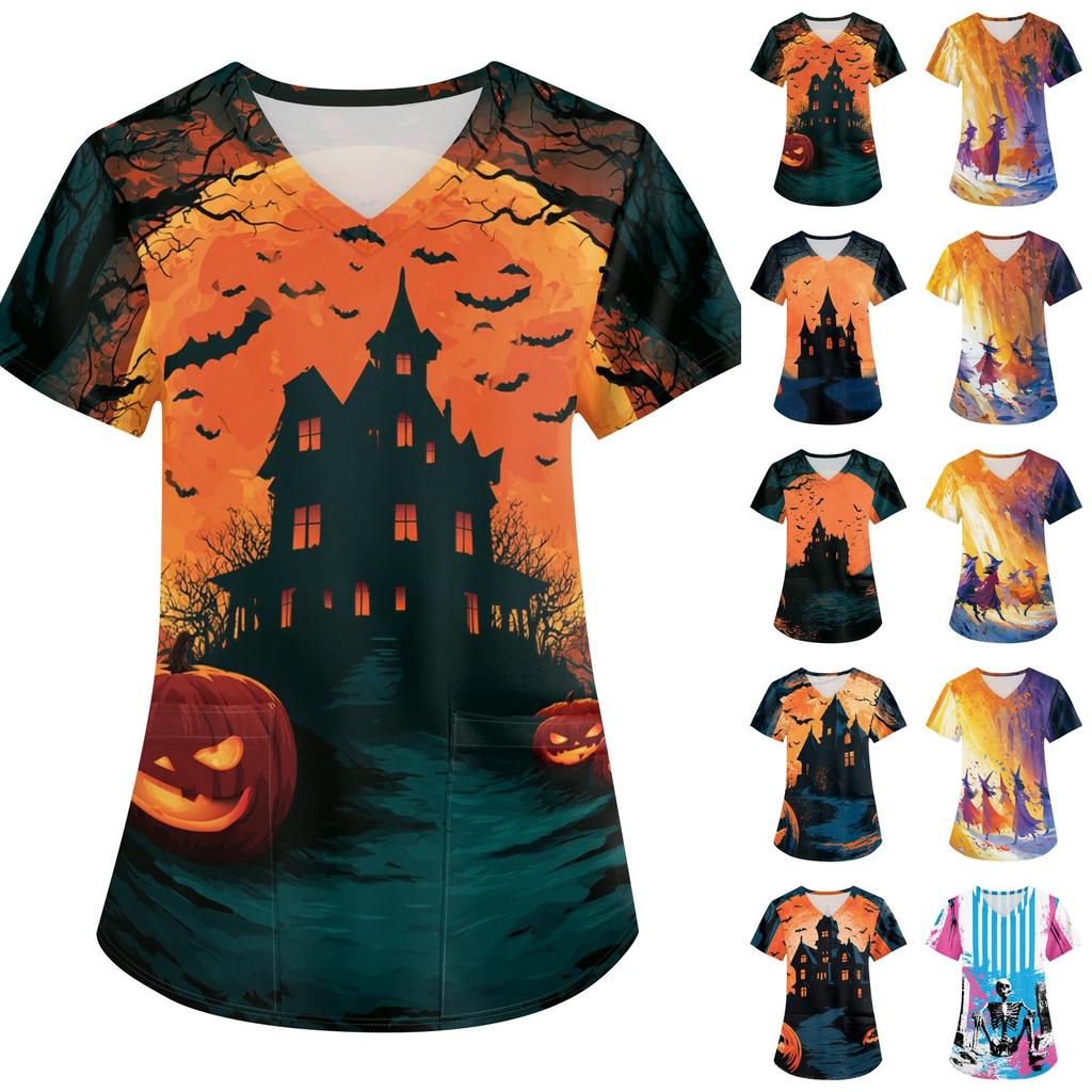 Women's Halloween Printed V-Neck Short Sleeve Scrub Top with Pockets