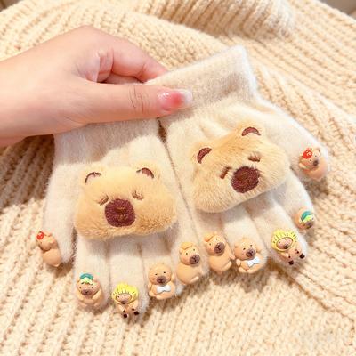 Winter Kinder Plüsch Capybara Handschuhe 3D Capybara Puppen Handschuhe Weiche Warme Fünffingerhandschuhe für Kaltes Wetter Draußen