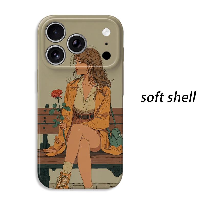 Vintage Lady Red Rose Park Bench Graphic Art Film Aesthetic Protective Shockproof Bumper Phone Case For iPhone 14 15 16 Pro Max Plus