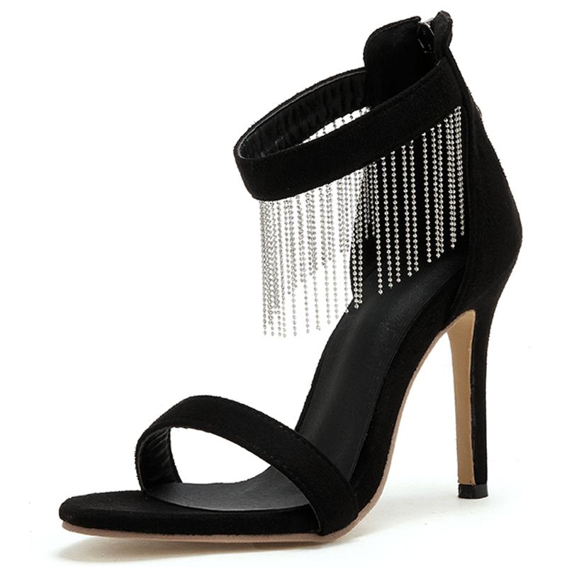 

Женские сандалии на высоком каблуке из черной искусственной замши с кисточками и бисером, летняя обувь для вечеринки, большие размеры 34-43 WSH5272 43