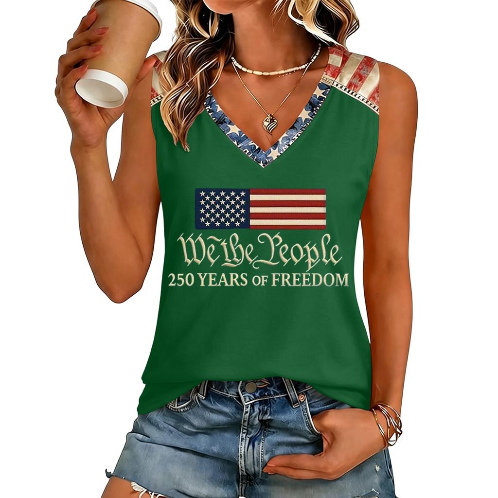Women V Neck Casual Sleeveless Tank Top 250 Years Of Freedom Letter Print Lightweight Summer Shirt Sleeveless Blouse
