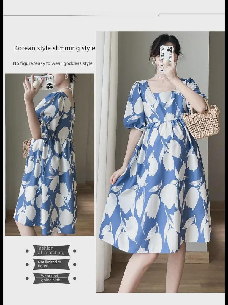 2023 French-Style Summer Mid-Length High-End Printed Puff Sleeve Dress for Women