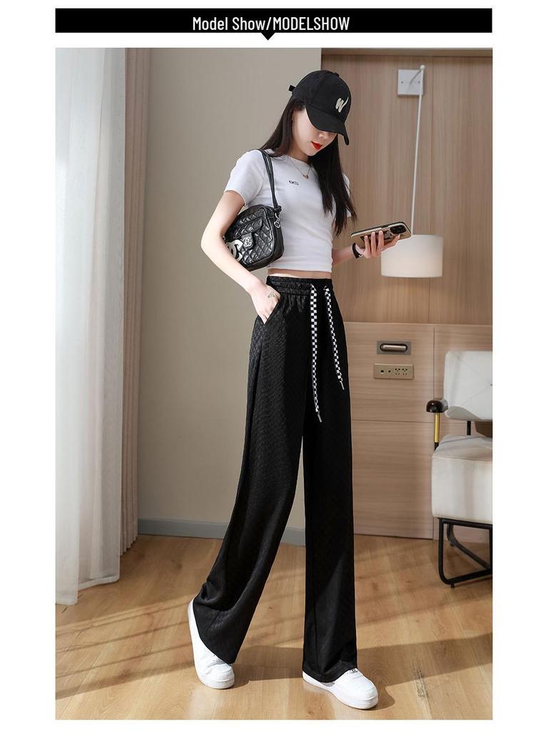 Petite Checkered Ice Silk Wide Leg Pants - Summer Elastic Waist, Slimming, Loose Casual Fit for Women