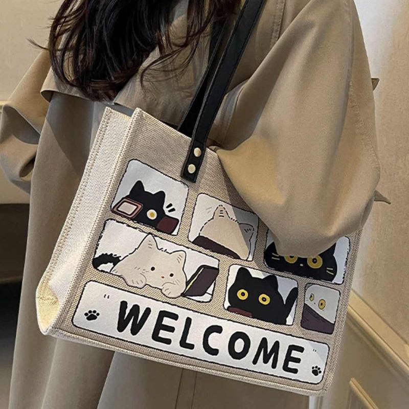 Tote Bag Cartoon Large Capacity Canvas Bag Portable Shoulder Leisure Class Commuter Bag Luggage