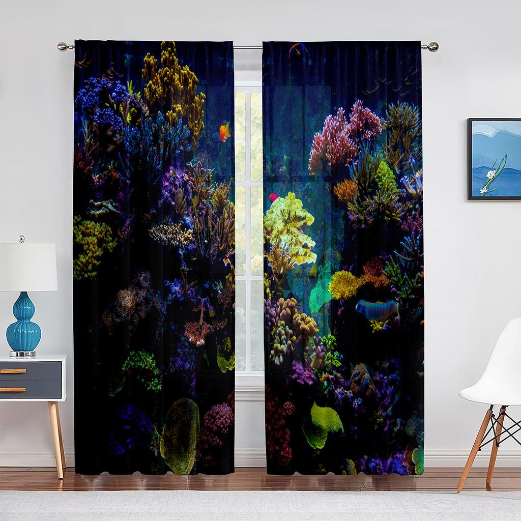 Underwater World Sheer Curtains Coral Fish Ocean Theme Marine Life Tulle Voile Curtains for Living Room Bedroom Kitchen Decor