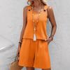 Western Spring Summer Fall New Solid Color Craft Fabric Double Pocket Sleeveless Top and Shorts, Vacation Style Elegant Casual Set