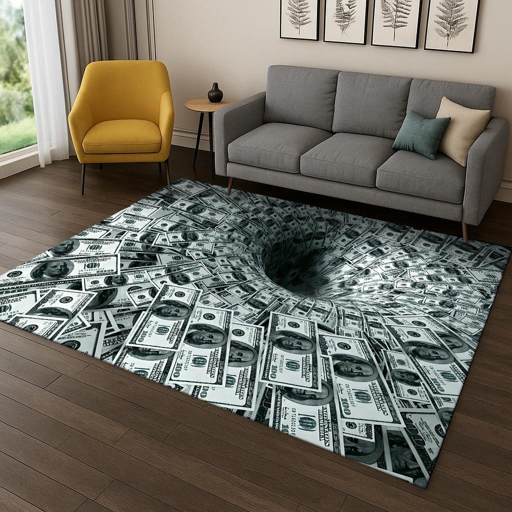 3D Amerikansk Dollar Euro Pund Pengar Illusion Matmatta för Vardagsrum Soffa Hem Sovrum Kök Dörrmatta Dekor, Lekrum Halkfri Matta