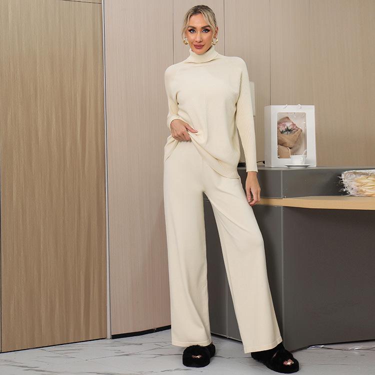 Solid Color High Neck Sweater & Wide Leg Pants Set - Women's 2024 Autumn/Winter Two-Piece