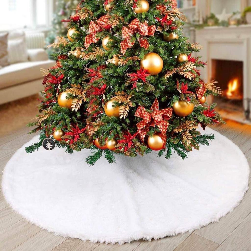 1.2m0.9m Christmas Tree Skirt White Ornaments Soft Faux Fur-like Plush Skirt for Holiday Merry Christmas Party Tree Decoration
