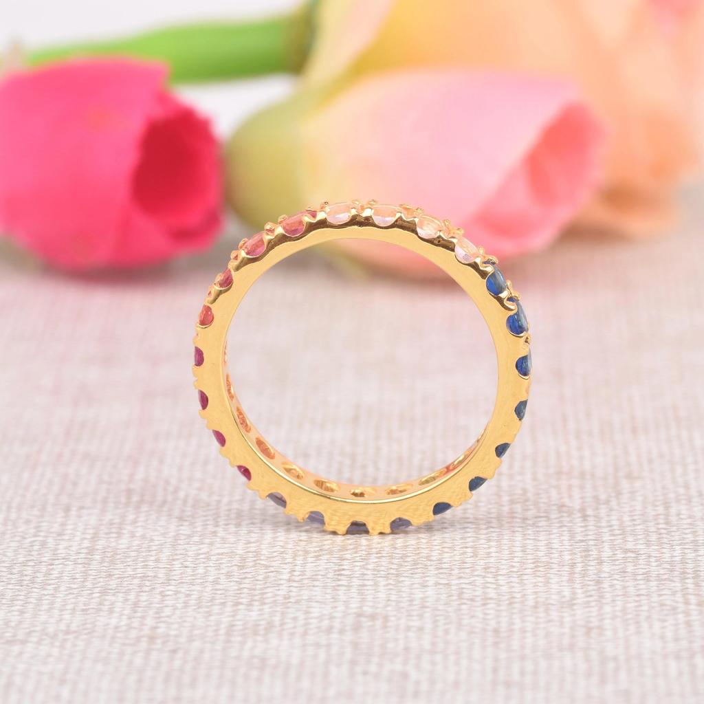 Sapphire Rose Gold Plated Wedding Band: Vintage Art Deco Bridal Ring: Multicolor Sapphire Engagement Ring: Minimalist Jewelry Gift