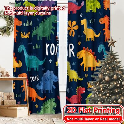 2D Flat Printing,2pcs Dino Parade Popular Window Curtain Yarn Curtains Art Deco Festive Ldeal for Digital Printing Living Room