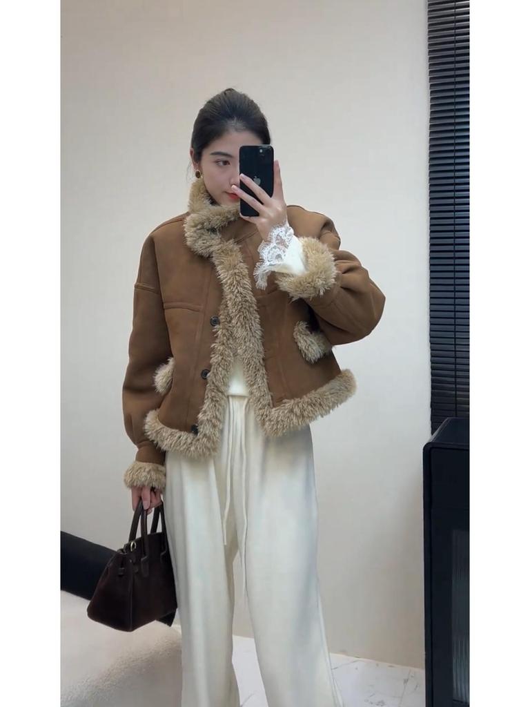 Women's 2024 Winter Shearling Lambswool Jacket, Small Size, Thick Suede Top