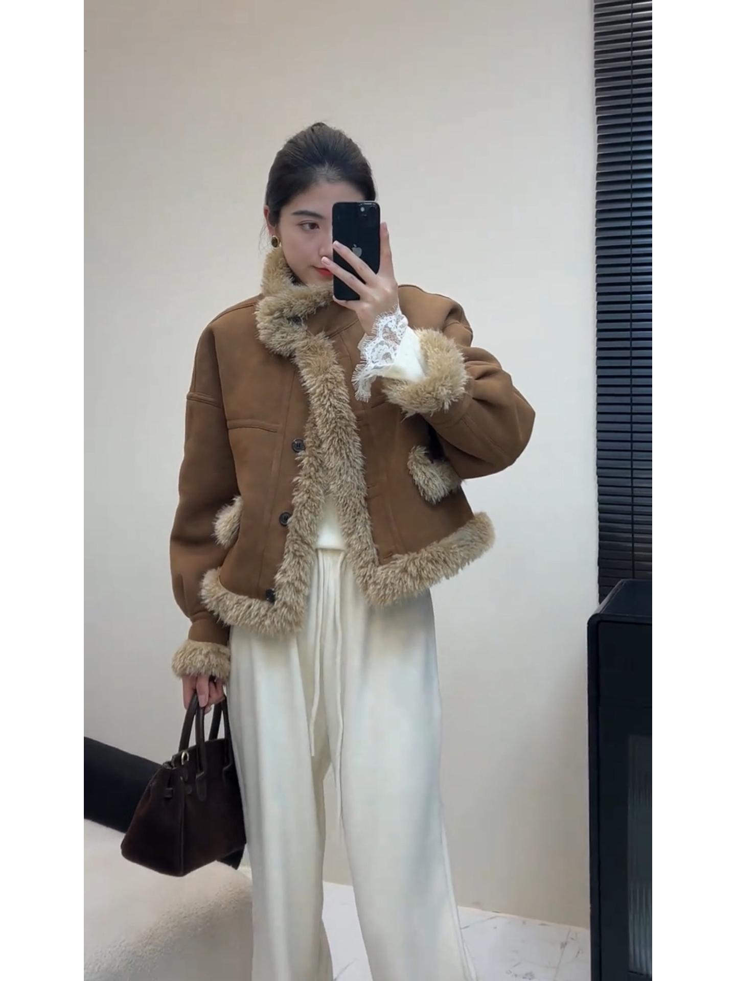 

Женская зимняя куртка из овчины и ягнячьей шерсти 2024 года, маленький размер, толстый замшевый верх Extra Large хаки