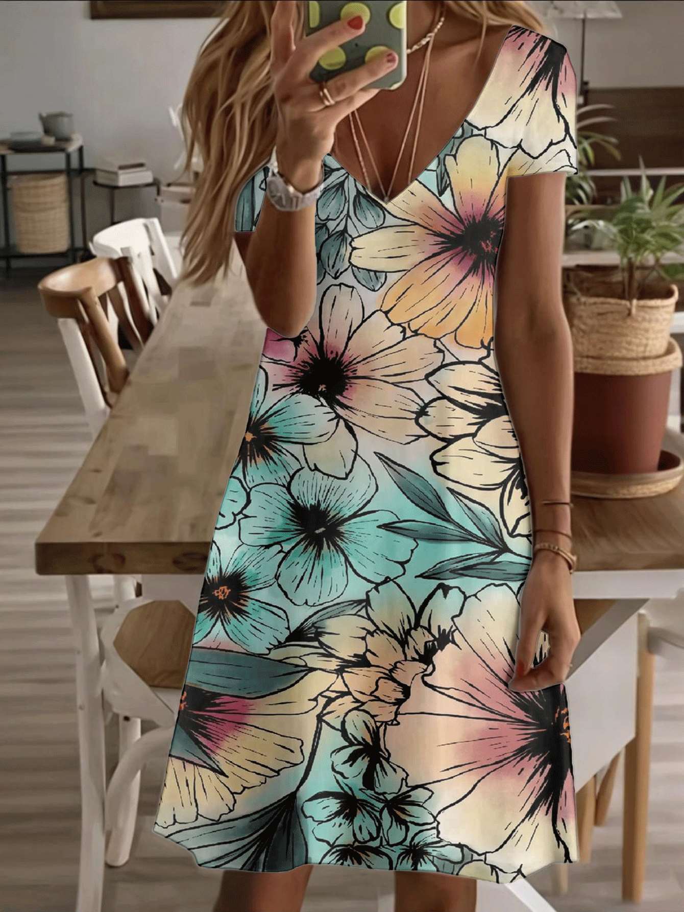 

Vneck shortsleeve midi dress summer floral women dress pastel blossom print pattern 3D highquality printing durable fabric casual and stylish desi 8XL дубильная кора