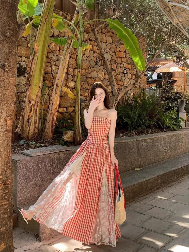 Polyester Lace Beach Dress With Spliced Design For Summer Vacation And Sunset Walks