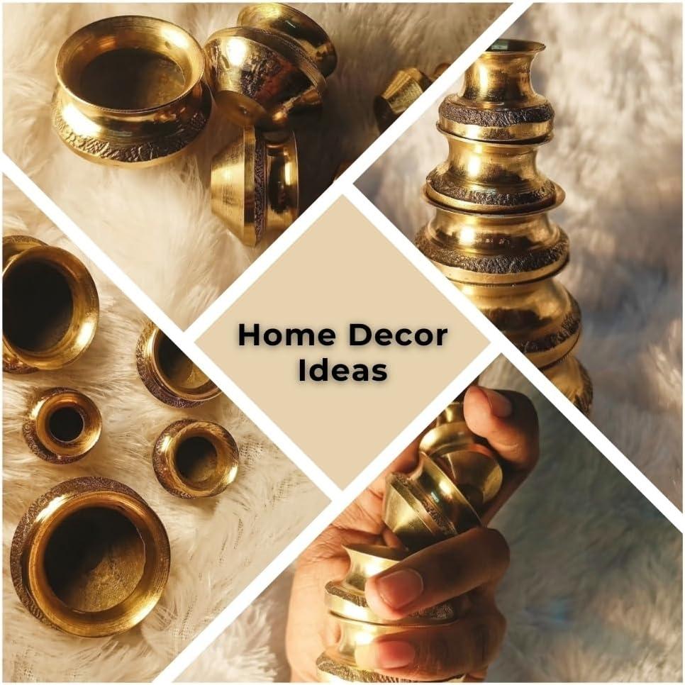 BlueQueen Set of 5 Antique Brass Handcrafted Carved Mini Matka Pot Kalash Set Home Temple Décor