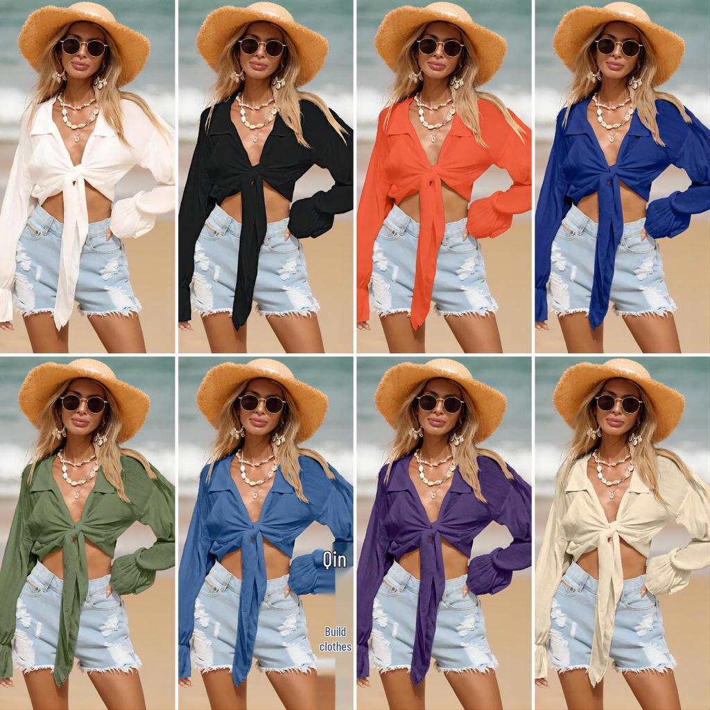 Long-Sleeve Bamboo Cotton Beach Cover-Up with Front Tie for Women