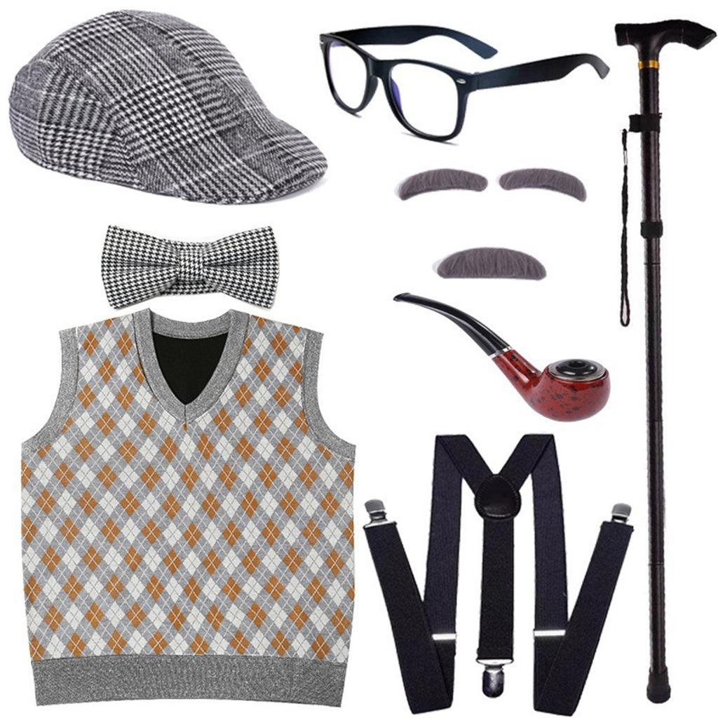 Grandfather Set Halloween Old Man Costume Set Grandpa Hat  Glasses Eyebrows Moustache for 100th Day of School