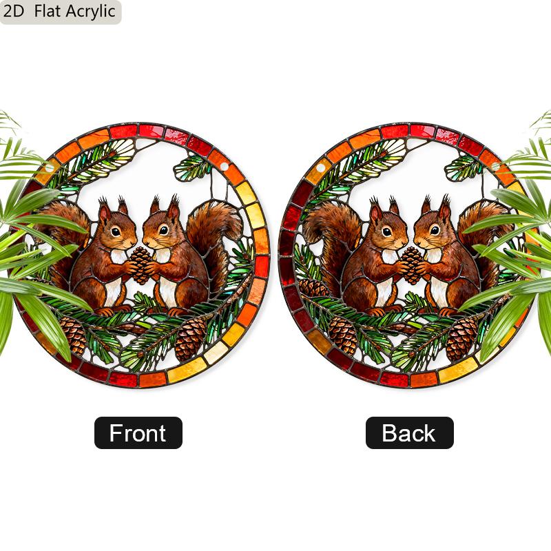 Acrylic Pair of Squirrels with Pinecone Suncatcher Stained Glass Effect Window Hanging Ornament Autumn Forest Themed Gift for Home