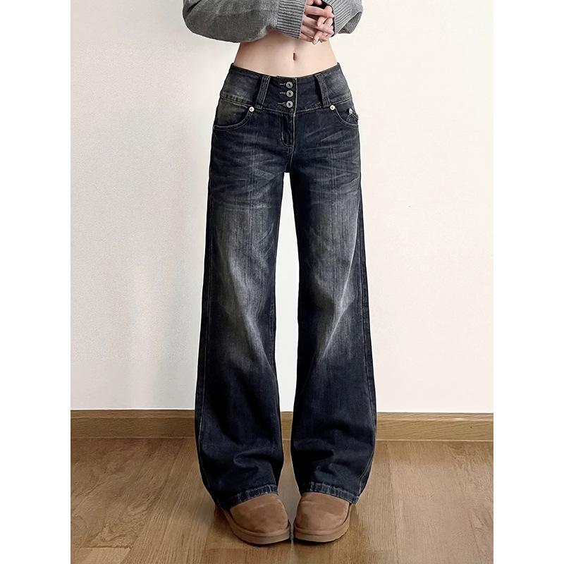 Women s American Retro Black Grey Denim Jeans, Spring 2026 Loose Slimming Micro Flare Straight Leg Pants Small