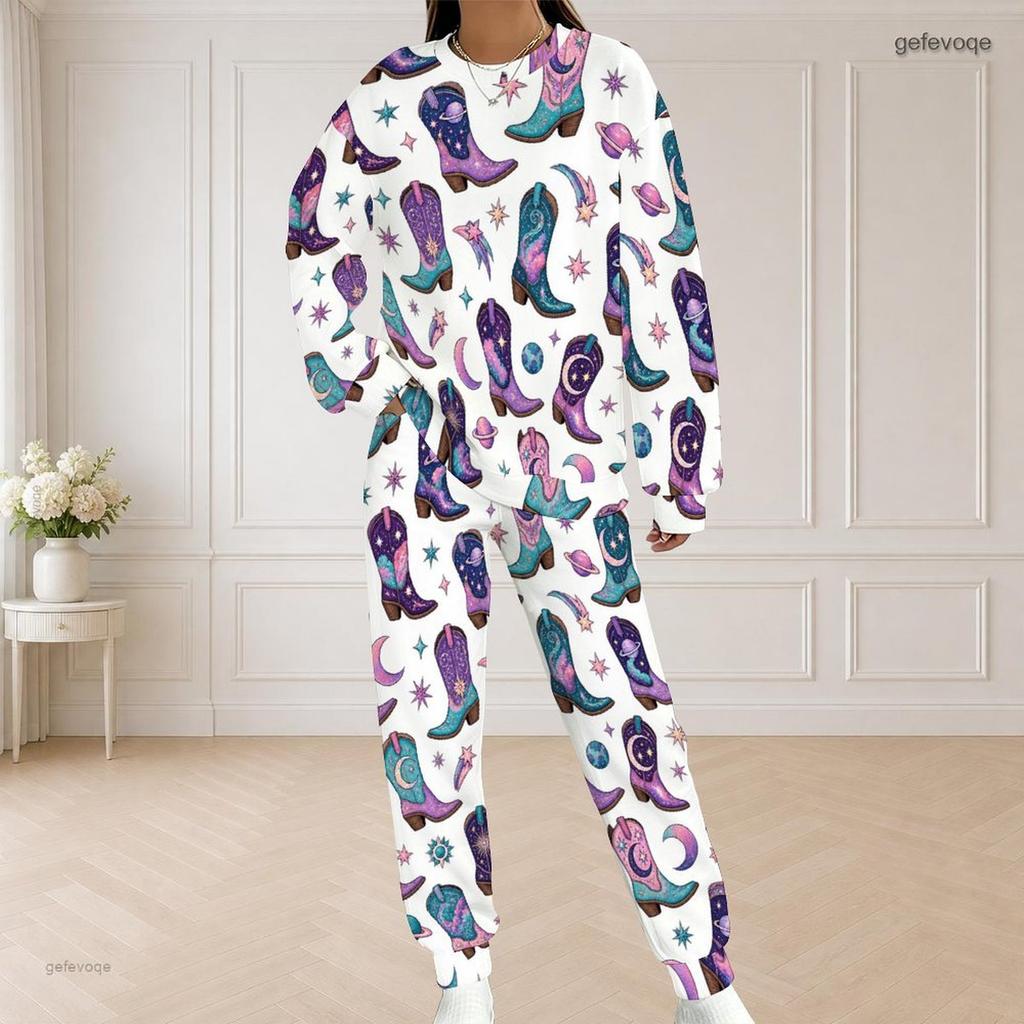 Women Plus Size Printed Two Piece Set Round Neck Long Sleeve Top And Long Pants