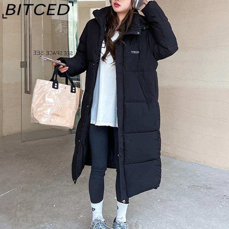 BITCED Long-Length Over-the-Knee Hooded Cotton Coat for Women Winter Oversized Cotton Jacket Thickened Warm Bread-Style Padded Coat