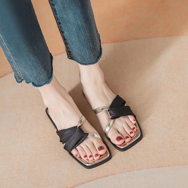 Fashion gold/silver lace band flat slippers women sexy mesh strap flip flops outdoor beach slides shoes 34-43 big size pantuflas mujer