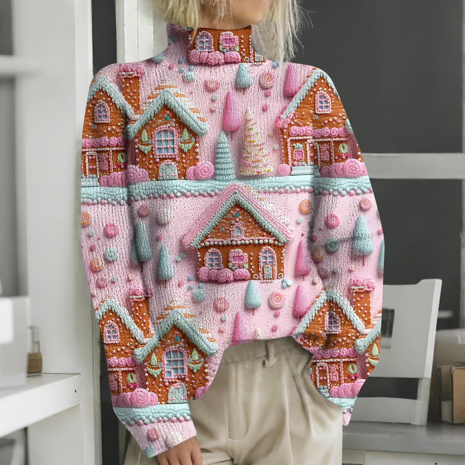 

Різдвяні світшоти для жінок В язаний светр Мила сорочка Осіння водолазка Пуловер Топи L рожевий