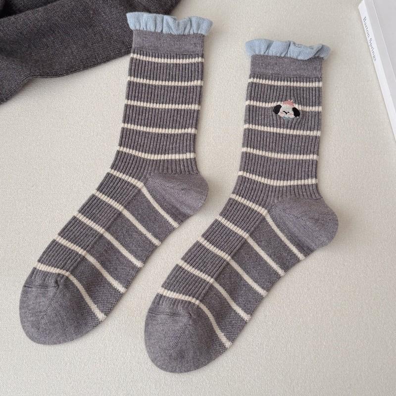 Grey Striped Socks Medium Tube Socks Cute Embroidered Puppy Cloth Label Curled Edge Socks Trend Socks