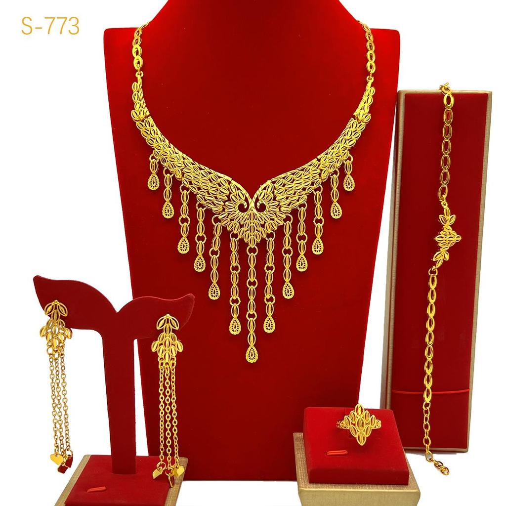 Elegant Arabic Wedding Tassel Necklace Set - 24K Gold-Plated Jewelry, Four-Piece Collection