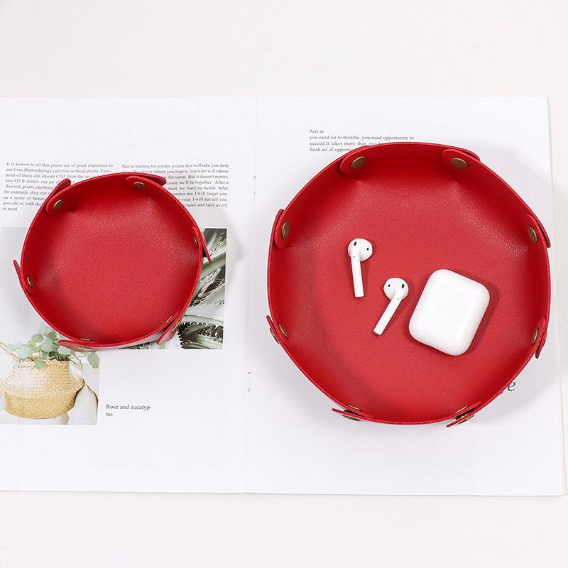 1PC Foldable Round PU Leather Tray Desktop Organizer for Jewelry Cosmetics Keys Multi-purpose Storage Box for Home Office