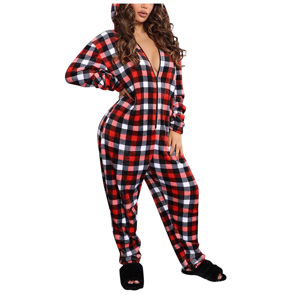 Women's Fashion Printed Plush Hooded Long Sleeve Warm Home Jumpsuit With Ears