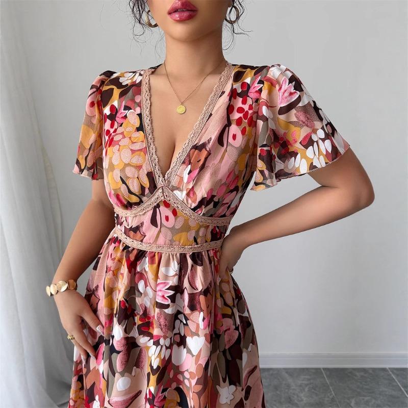 High-end Simple Style Printed Lace-trimmed Dress for Women's Spring and Summer