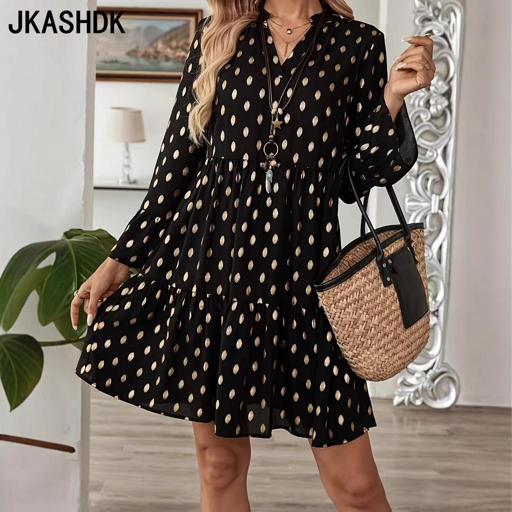 JKASHDK Women's Fashion Spring Fall Polka Dot Print Long Sleeve V-Neck Loose Waistline Casual Dresses